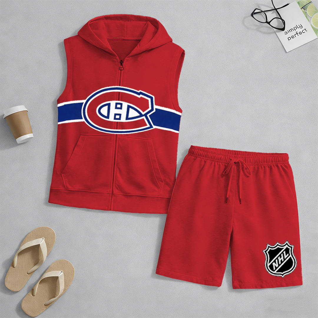 Men's "Montreal Canadaniens" printed sleeveless hoodie and shorts two-piece set