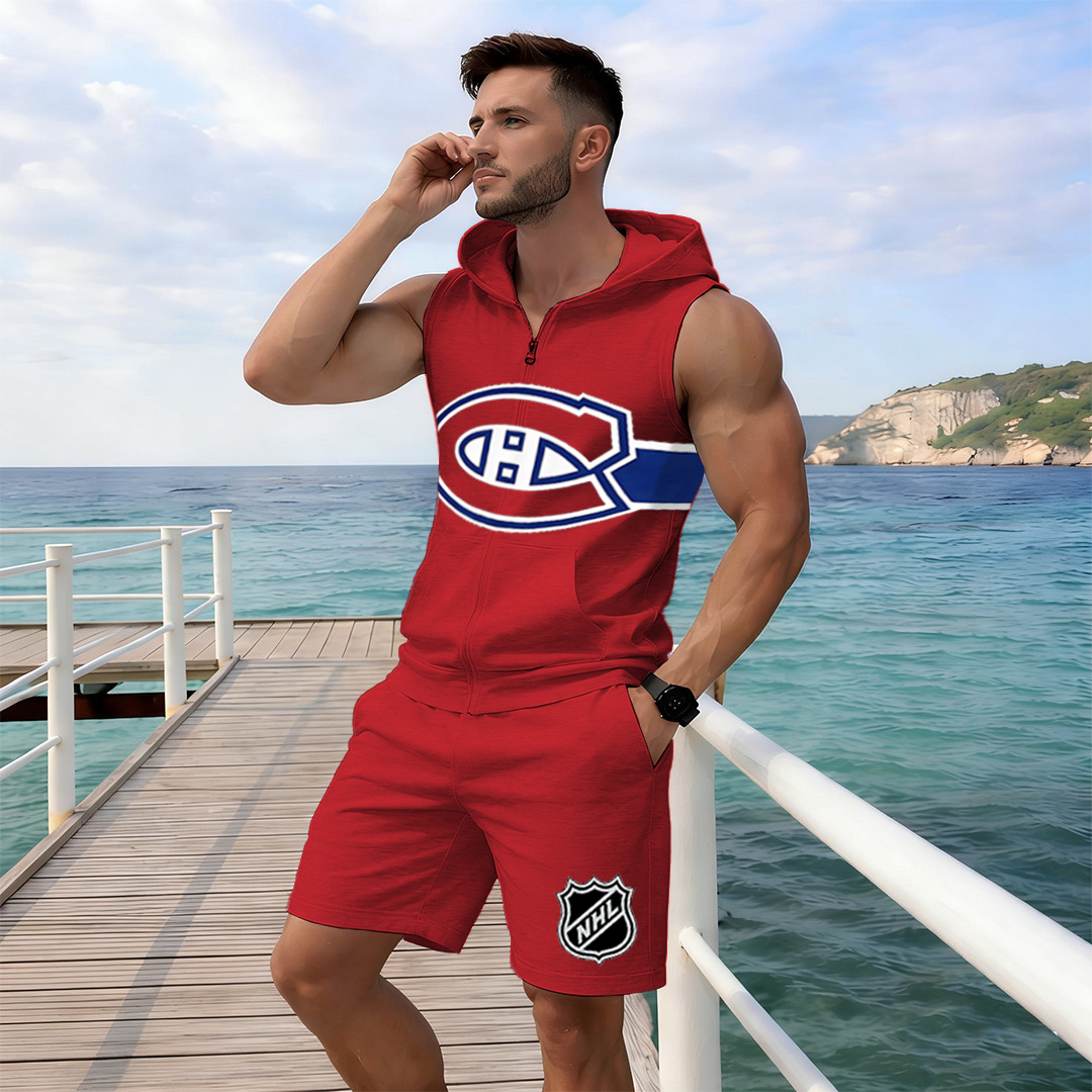 Men's "Montreal Canadaniens" printed sleeveless hoodie and shorts two-piece set