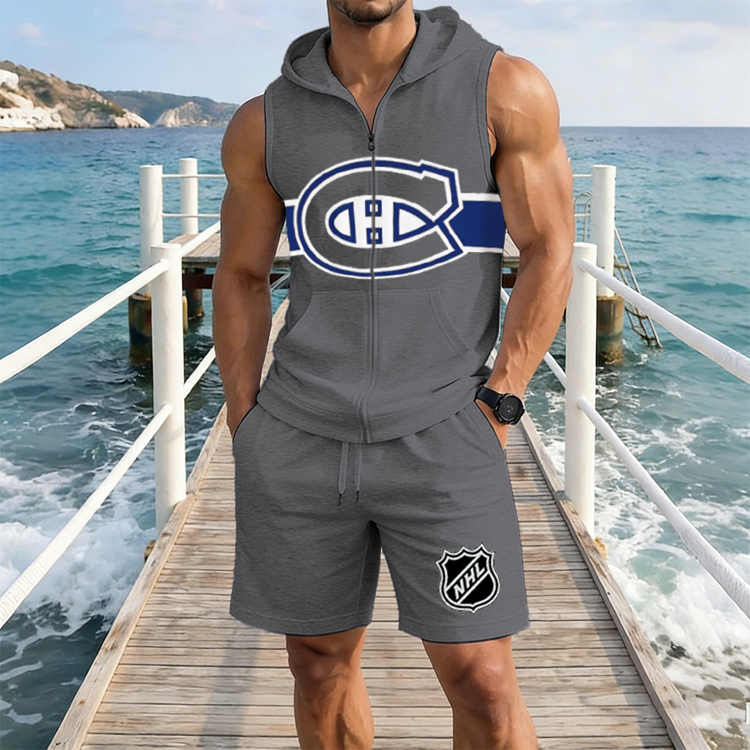 Men's "Montreal Canadaniens" printed sleeveless hoodie and shorts two-piece set