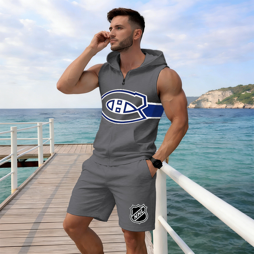 Men's "Montreal Canadaniens" printed sleeveless hoodie and shorts two-piece set