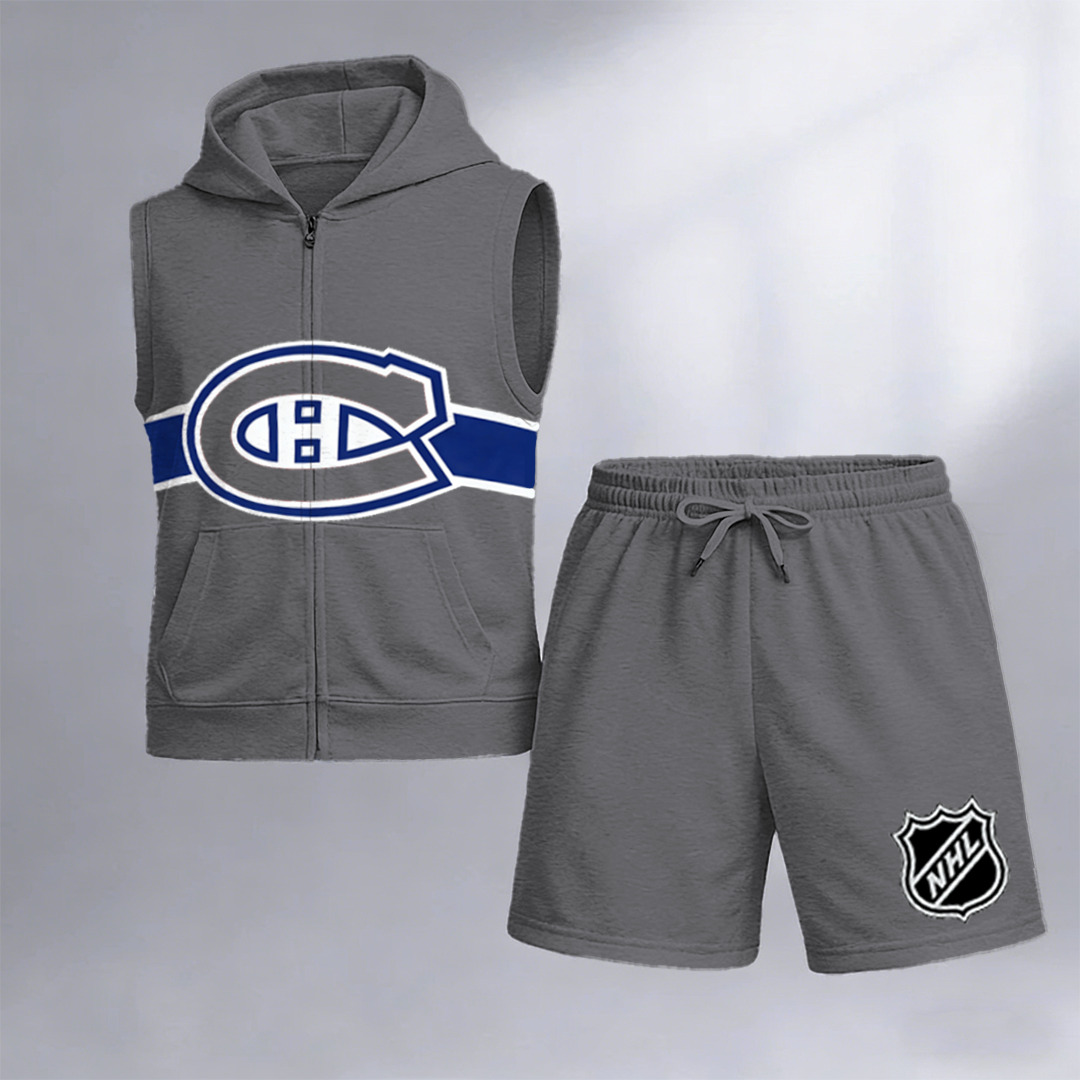 Men's "Montreal Canadaniens" printed sleeveless hoodie and shorts two-piece set