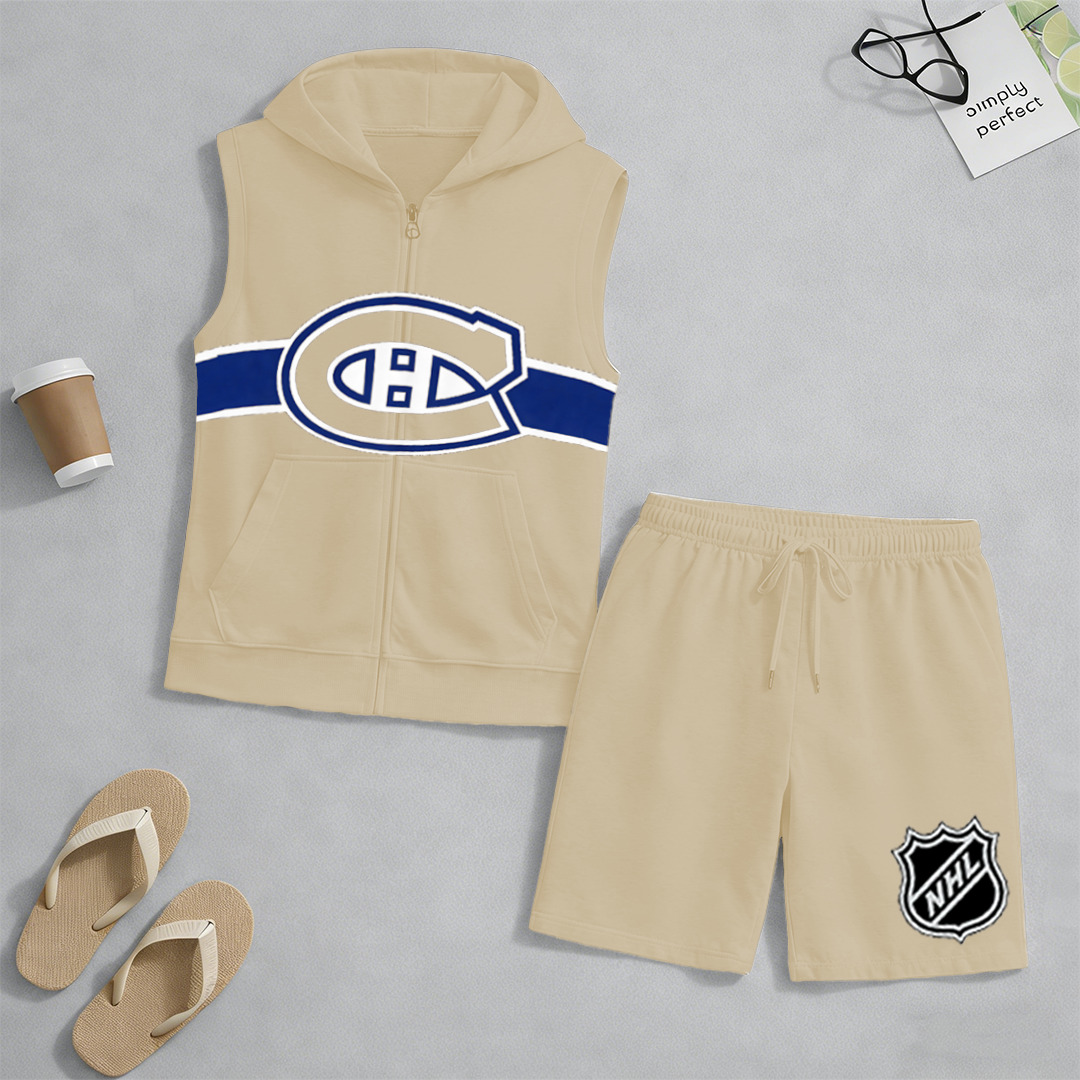 Men's "Montreal Canadaniens" printed sleeveless hoodie and shorts two-piece set