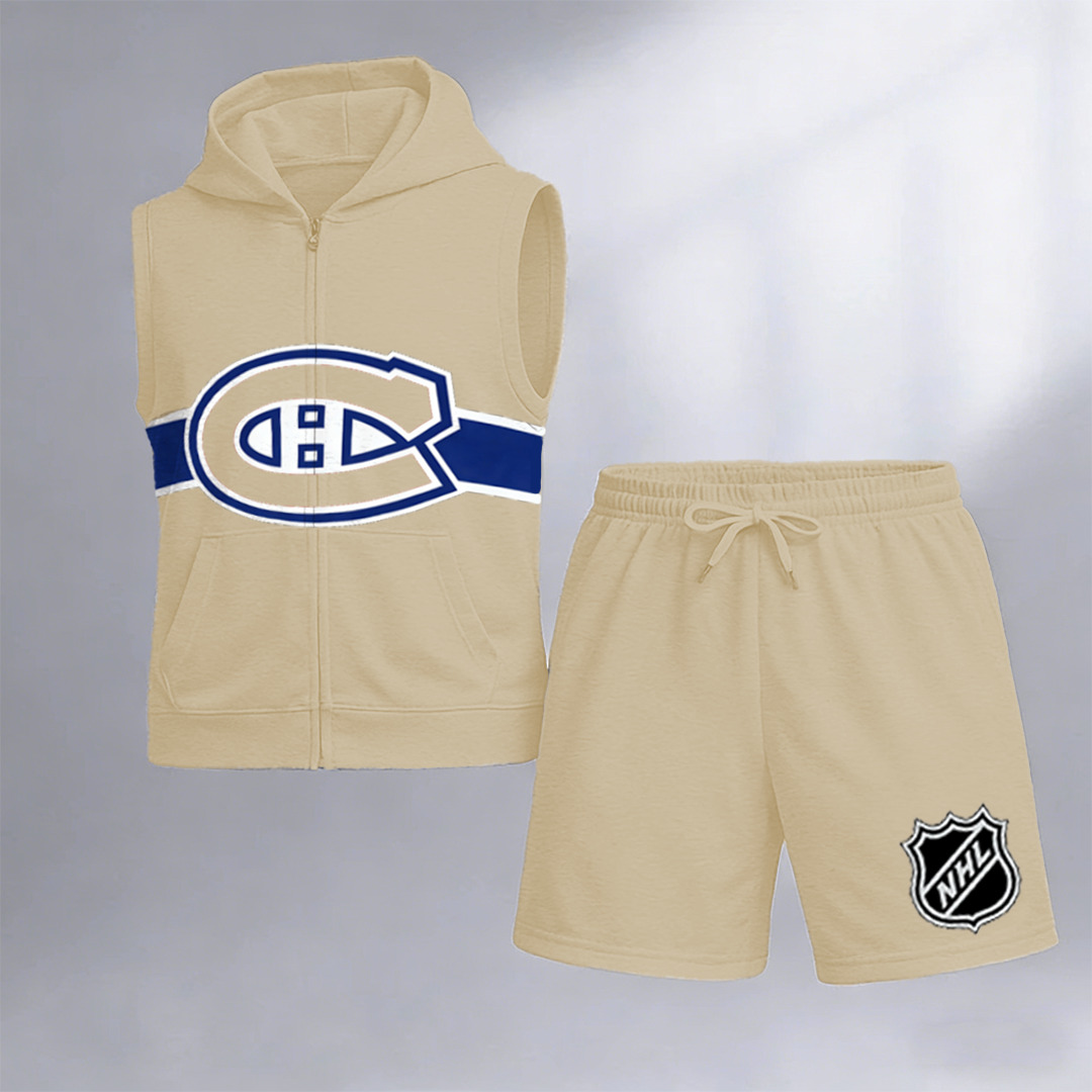 Men's "Montreal Canadaniens" printed sleeveless hoodie and shorts two-piece set