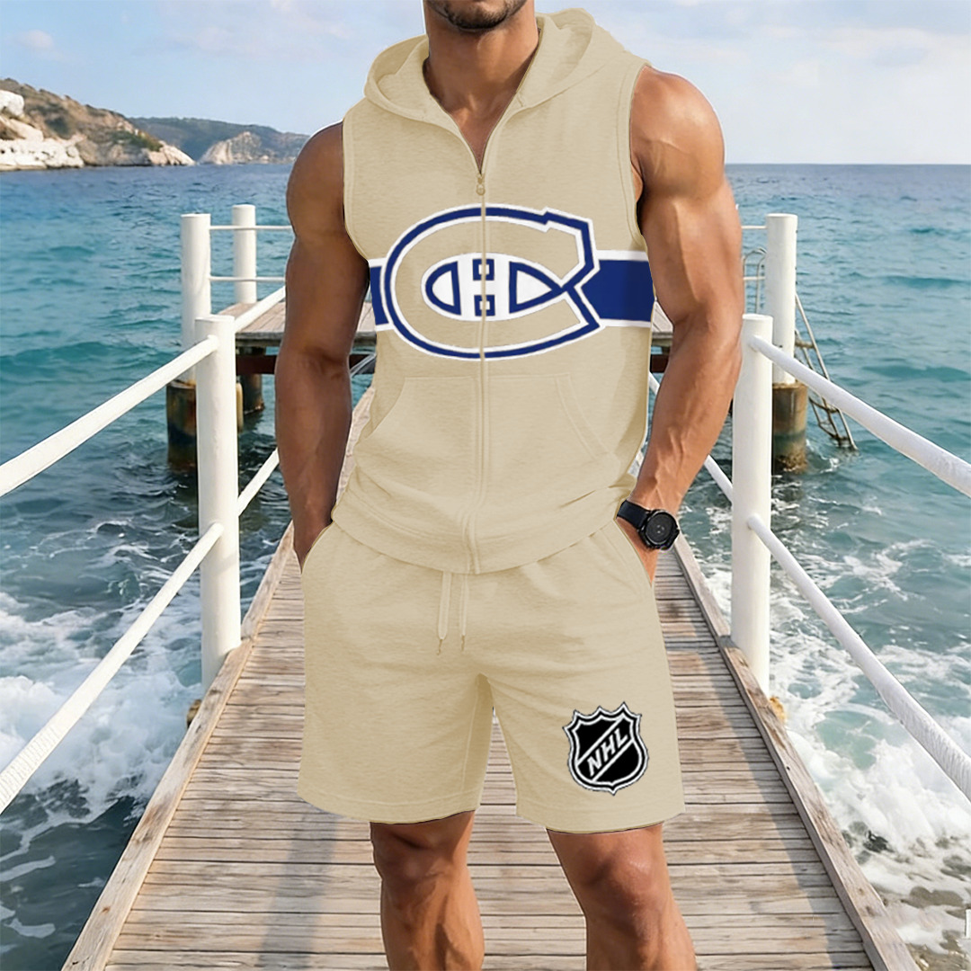 Men's "Montreal Canadaniens" printed sleeveless hoodie and shorts two-piece set
