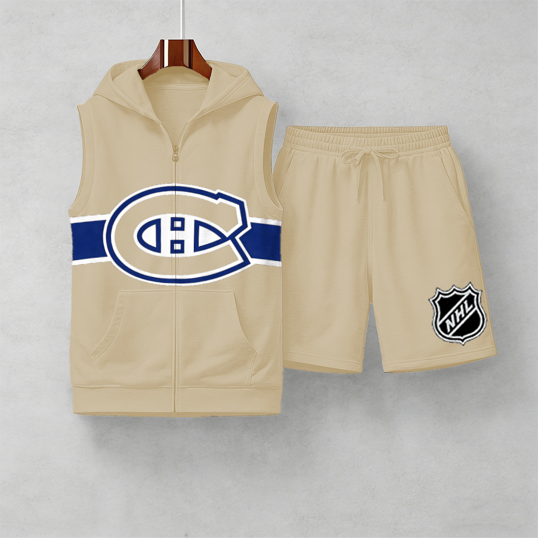 Men's "Montreal Canadaniens" printed sleeveless hoodie and shorts two-piece set