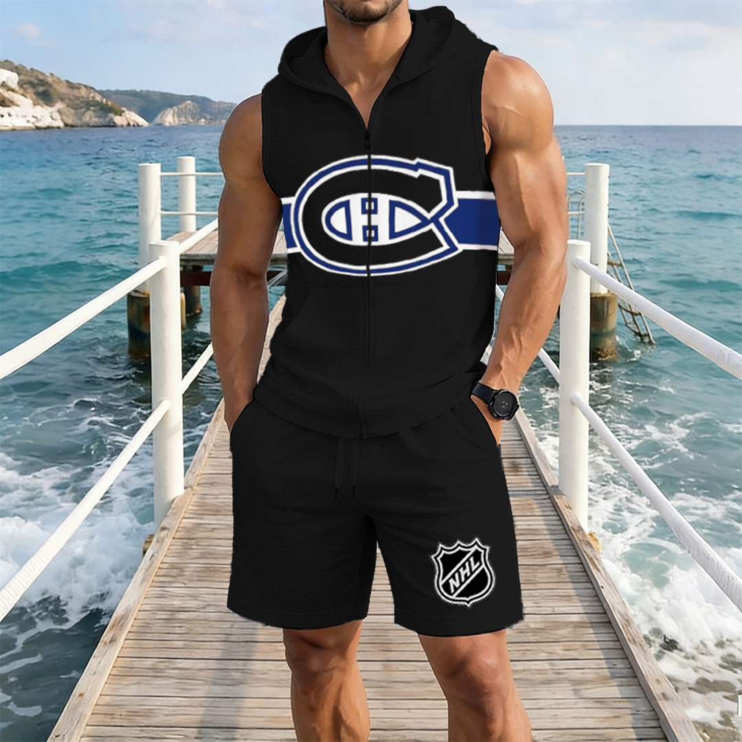 Men's "Montreal Canadaniens" printed sleeveless hoodie and shorts two-piece set