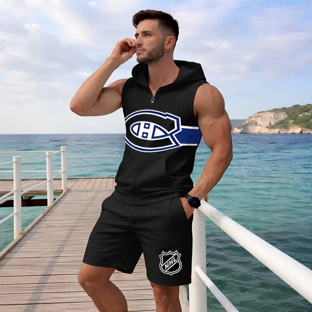 Men's "Montreal Canadaniens" printed sleeveless hoodie and shorts two-piece set
