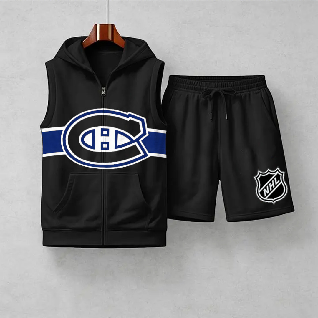 Men's "Montreal Canadaniens" printed sleeveless hoodie and shorts two-piece set
