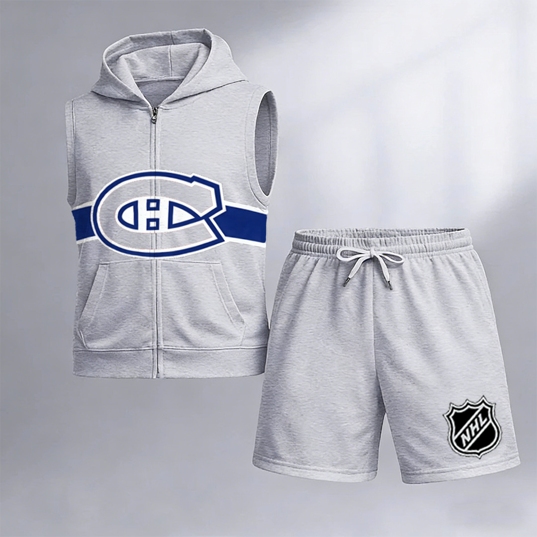 Men's "Montreal Canadaniens" printed sleeveless hoodie and shorts two-piece set
