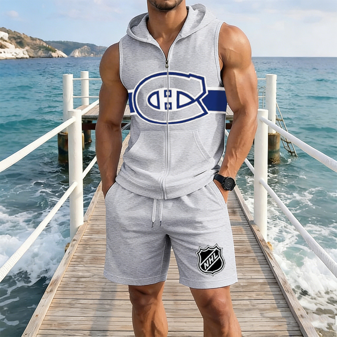 Men's "Montreal Canadaniens" printed sleeveless hoodie and shorts two-piece set