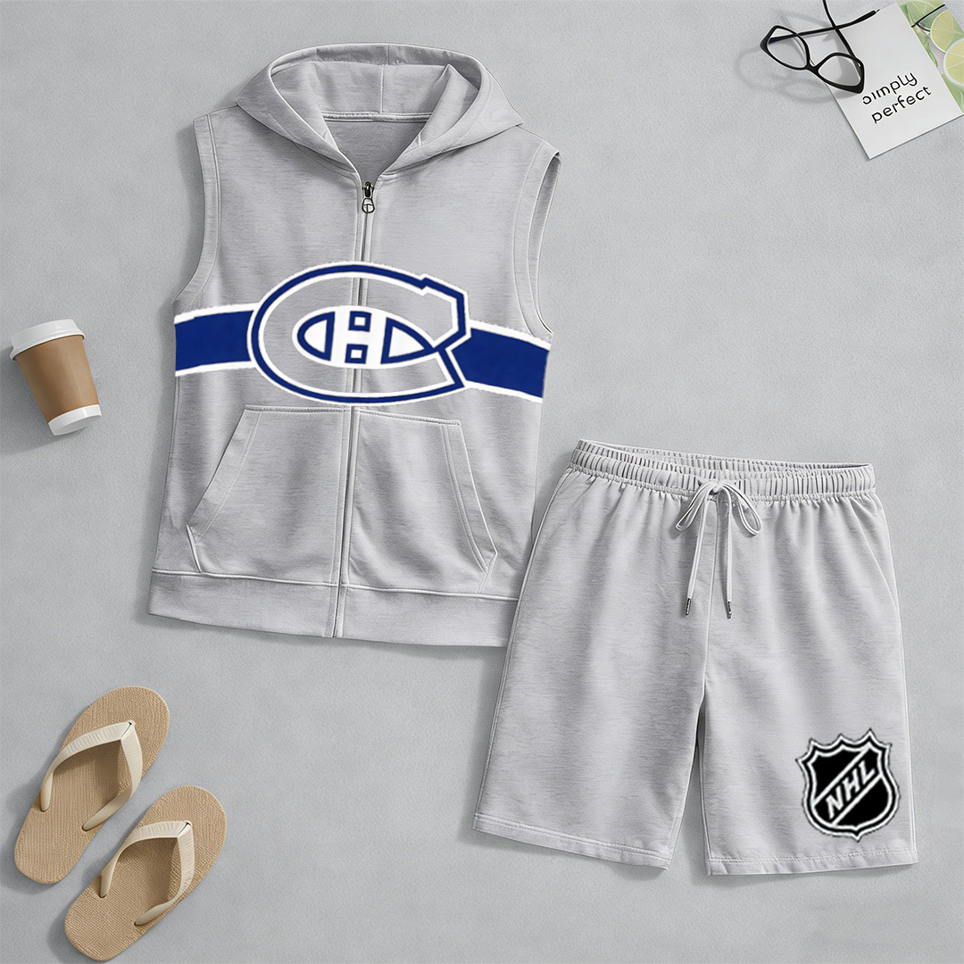 Men's "Montreal Canadaniens" printed sleeveless hoodie and shorts two-piece set