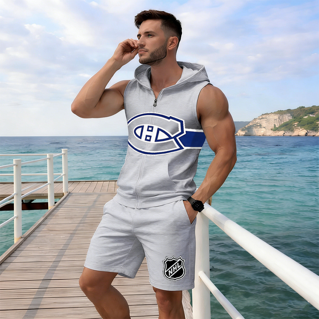 Men's "Montreal Canadaniens" printed sleeveless hoodie and shorts two-piece set