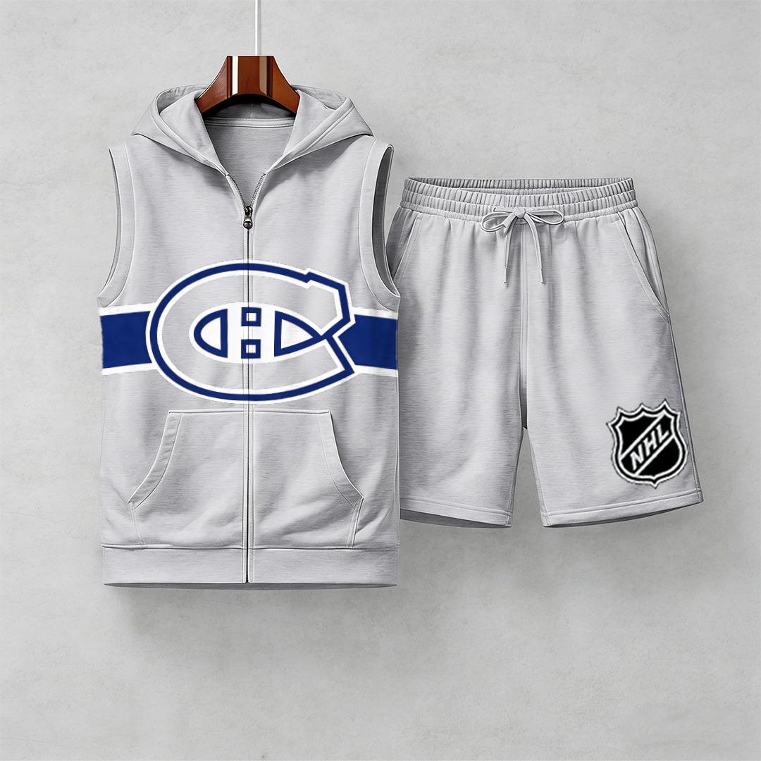 Men's "Montreal Canadaniens" printed sleeveless hoodie and shorts two-piece set