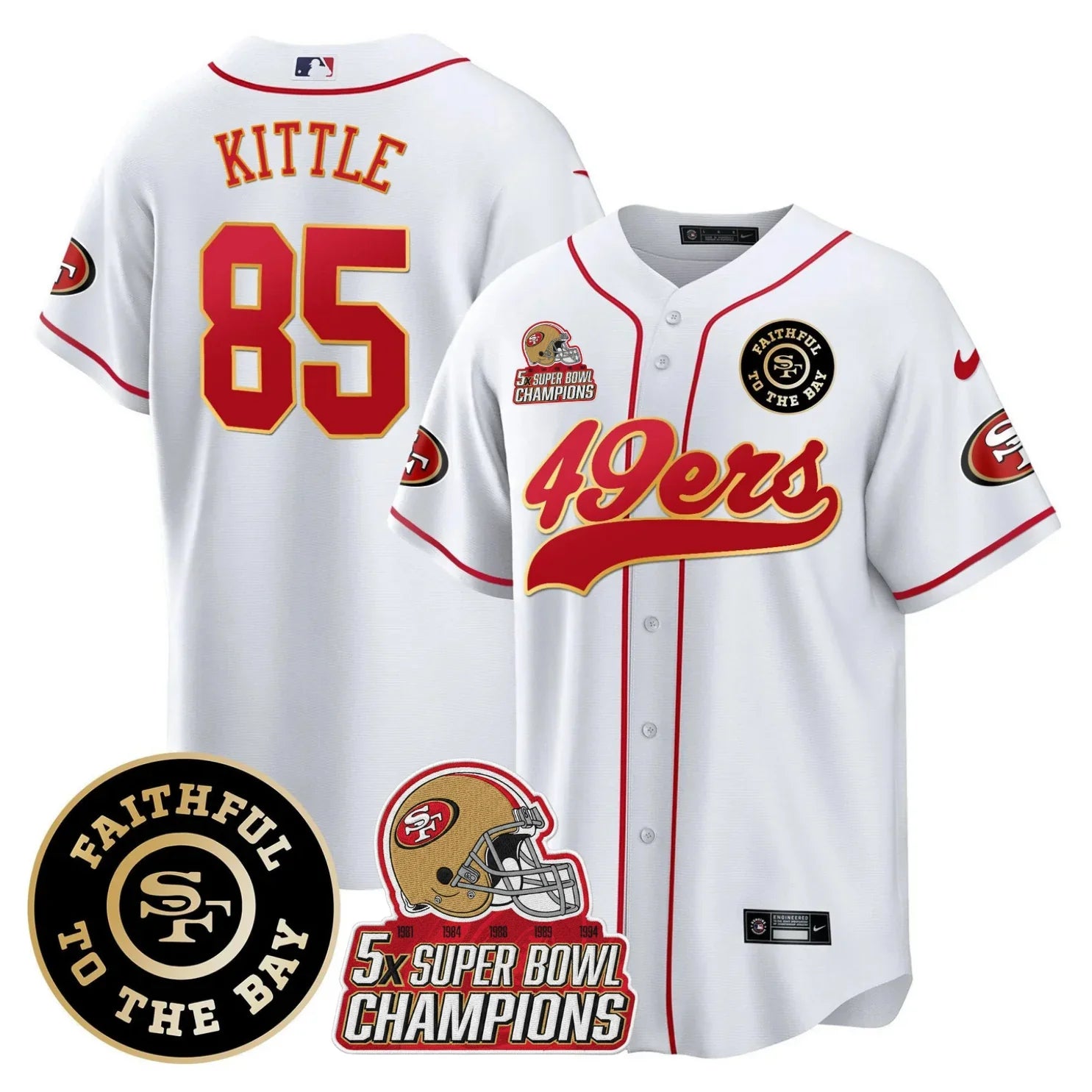 49ers Faithful To The Bay & 5x Champions Patch Baseball Jersey - All Stitched