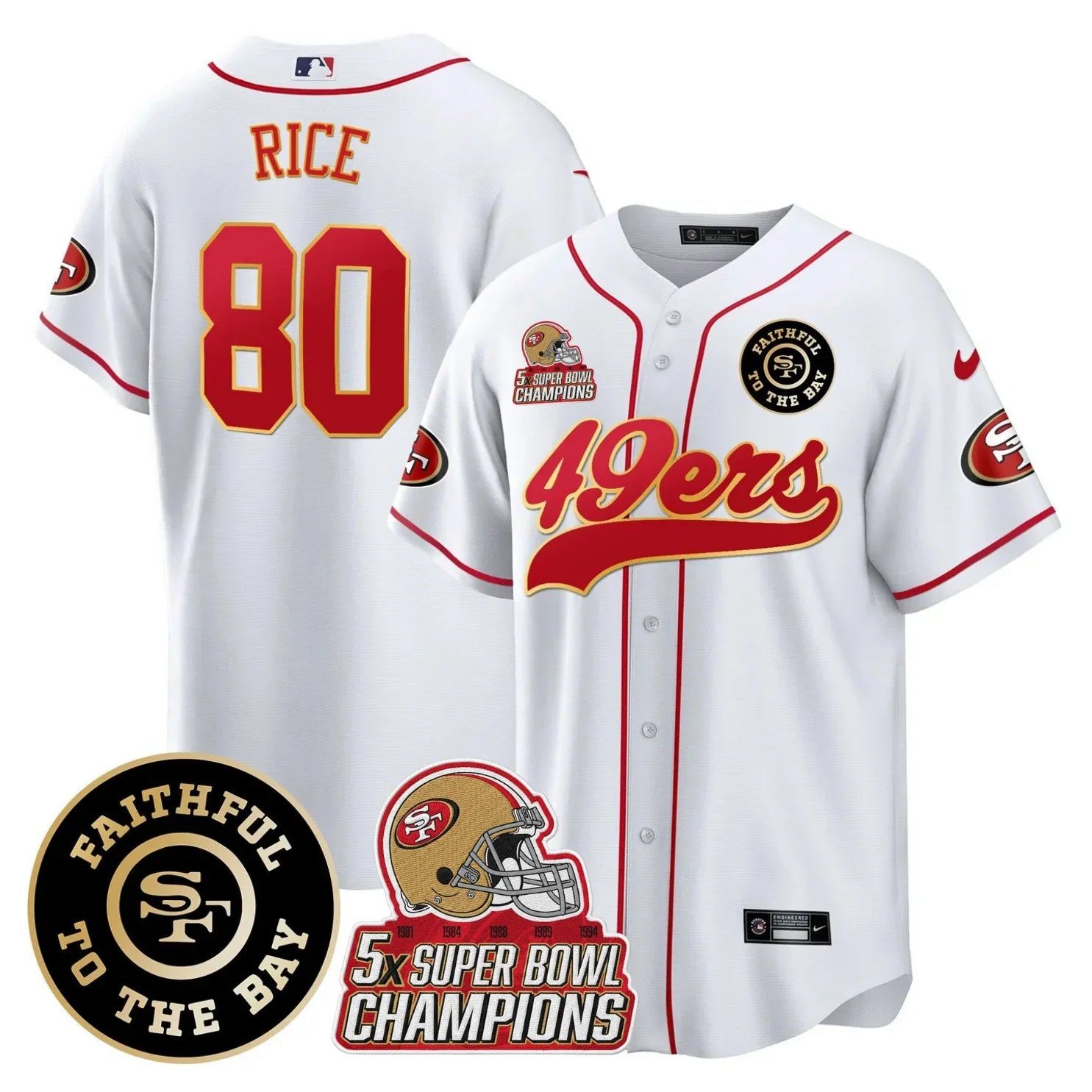 49ers Faithful To The Bay & 5x Champions Patch Baseball Jersey - All Stitched