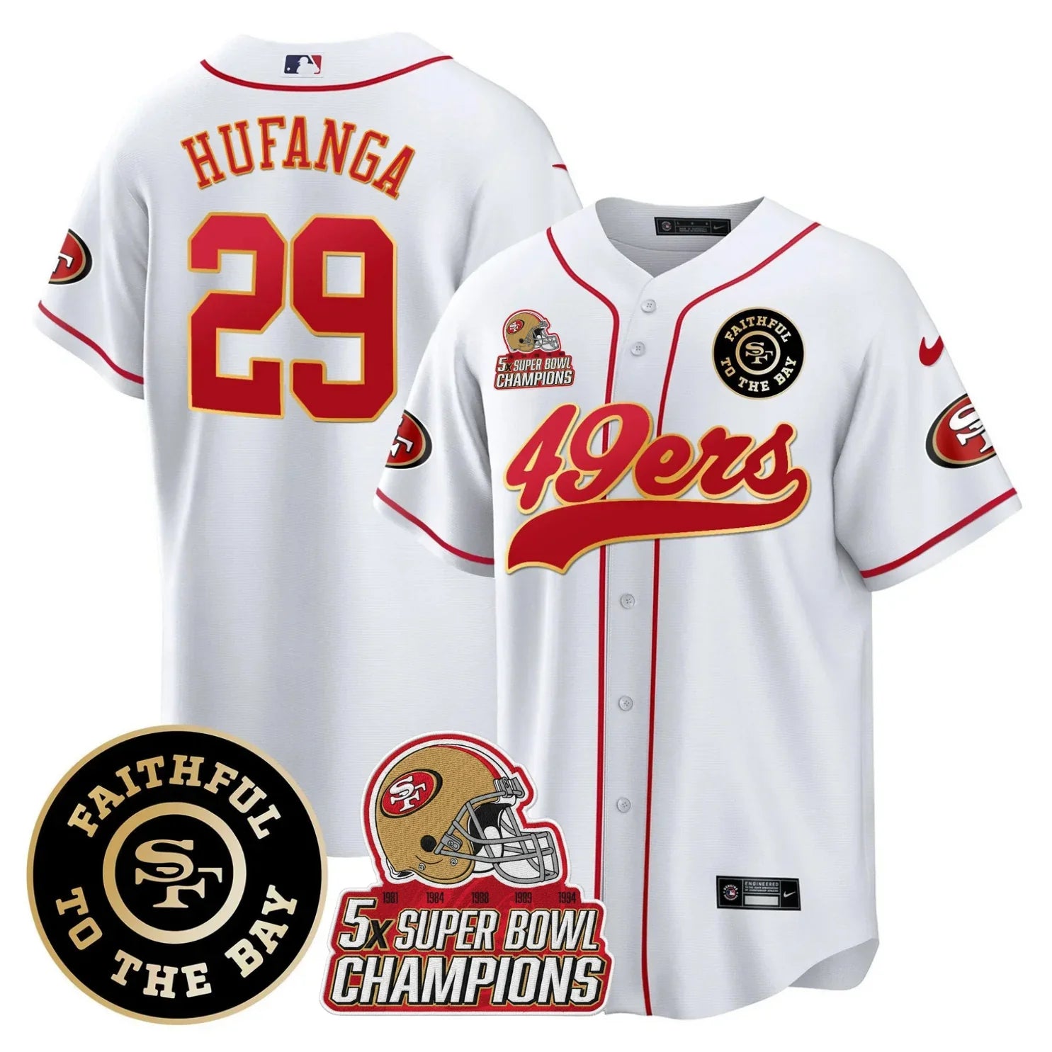 49ers Faithful To The Bay & 5x Champions Patch Baseball Jersey - All Stitched