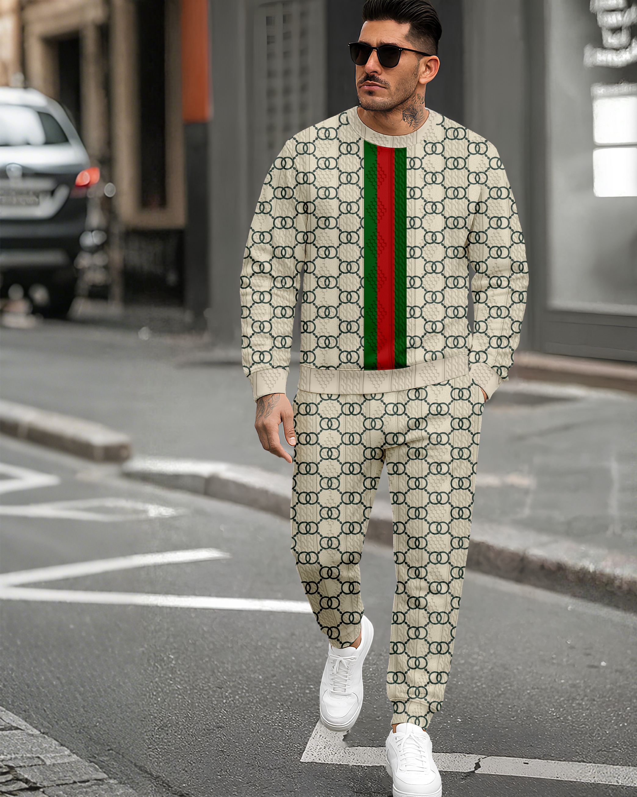 Men's Textured Jacquard Crew Neck Casual Sports Set 088