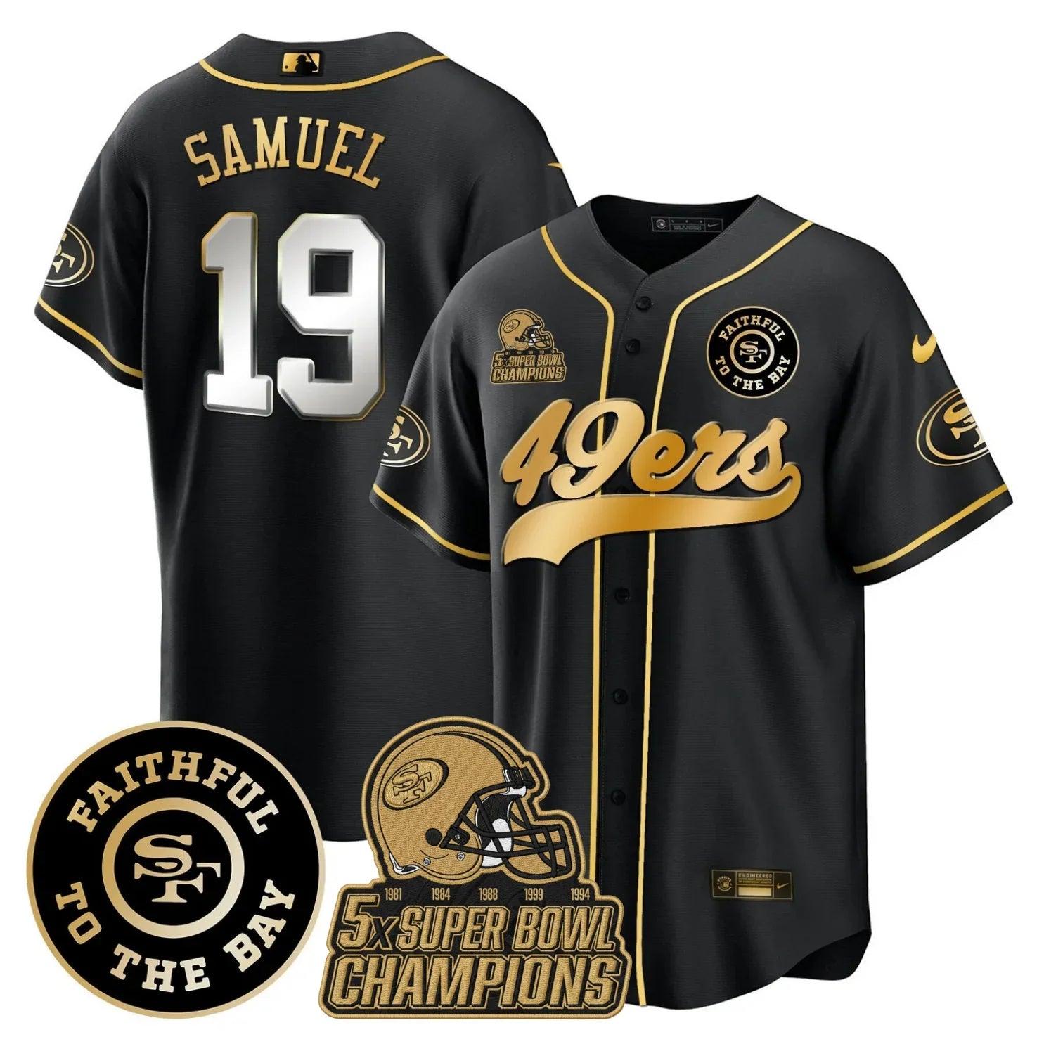 49ers Faithful To The Bay & 5x Champions Patch Baseball Jersey - All Stitched
