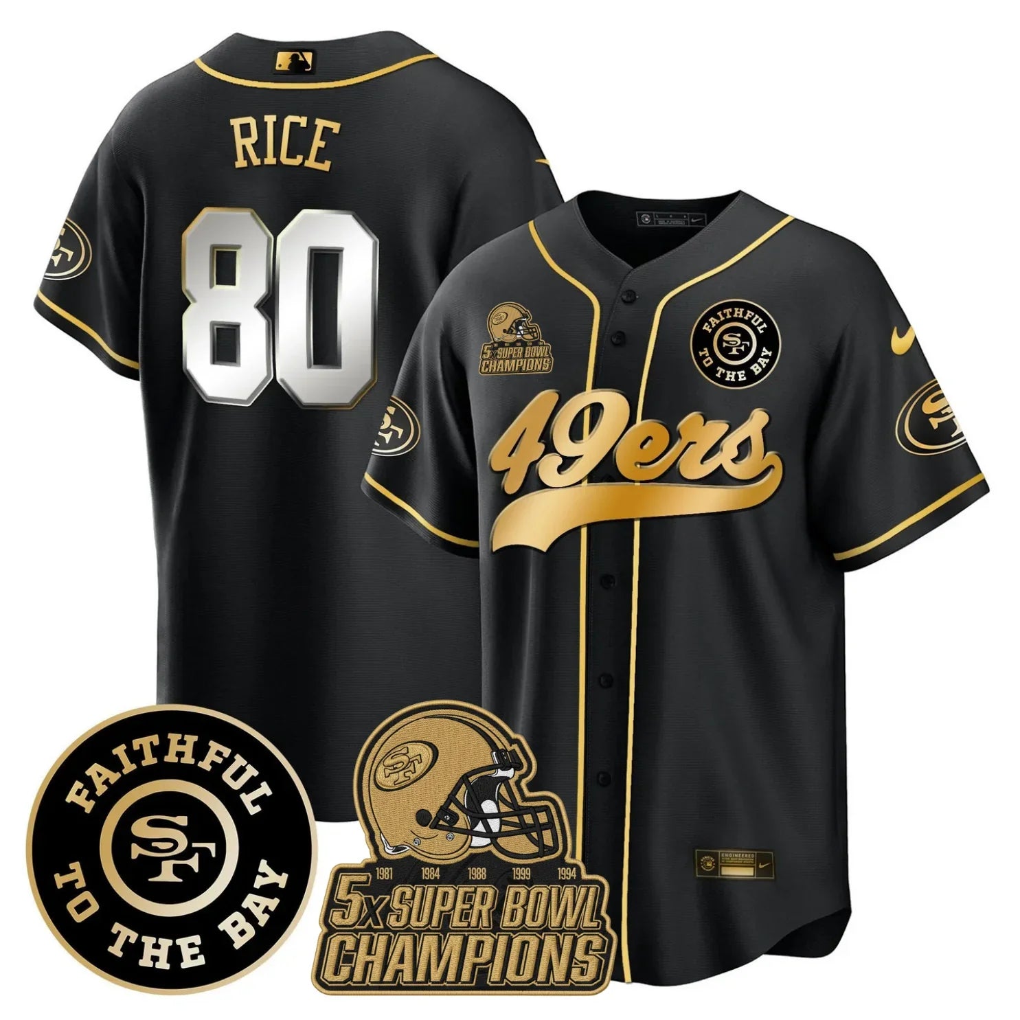49ers Faithful To The Bay & 5x Champions Patch Baseball Jersey - All Stitched