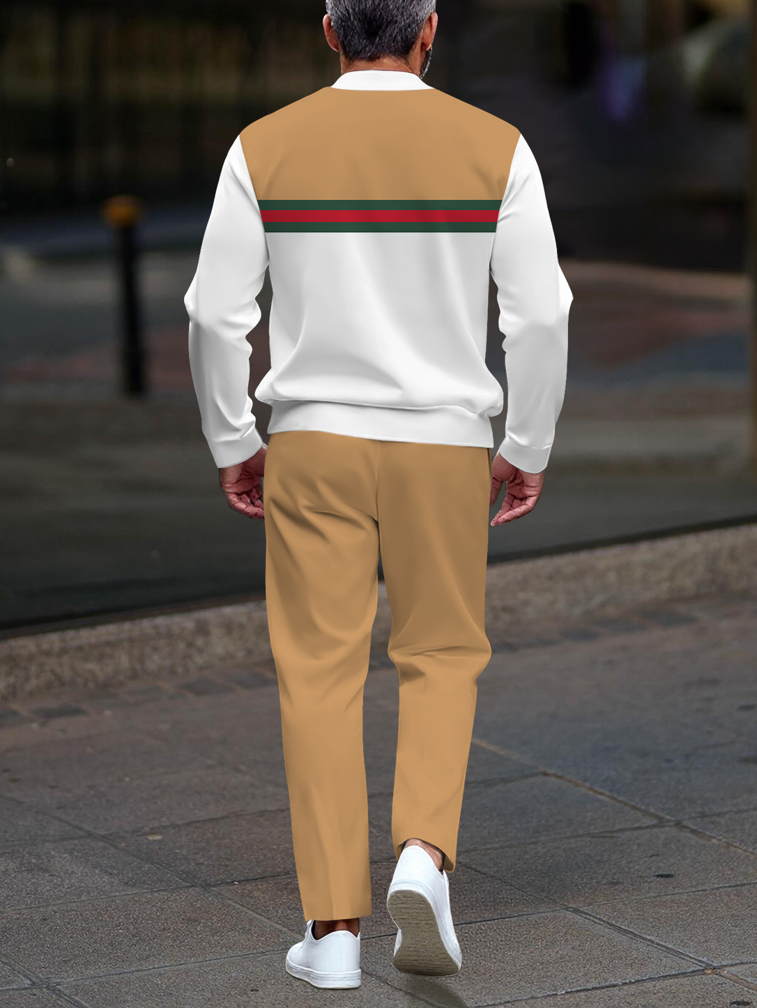 Men's casual stylish brown striped print zipper long-sleeved two-piece set