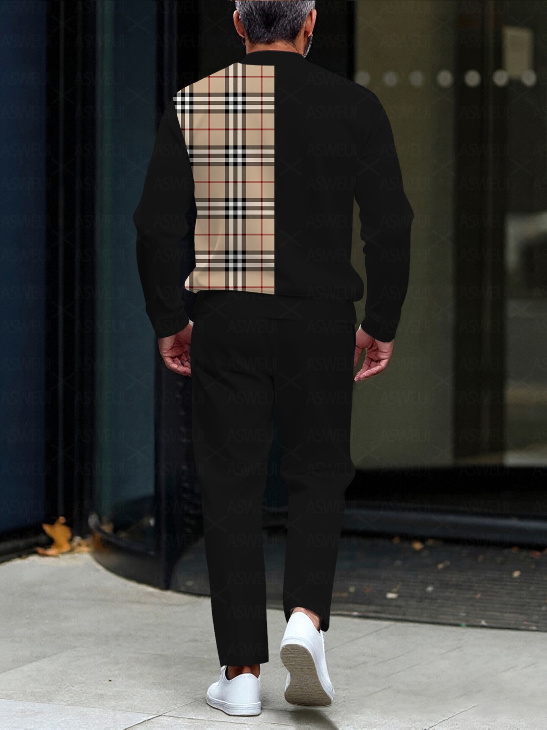 Men's fashionable casual plaid zipper long-sleeved two-piece set