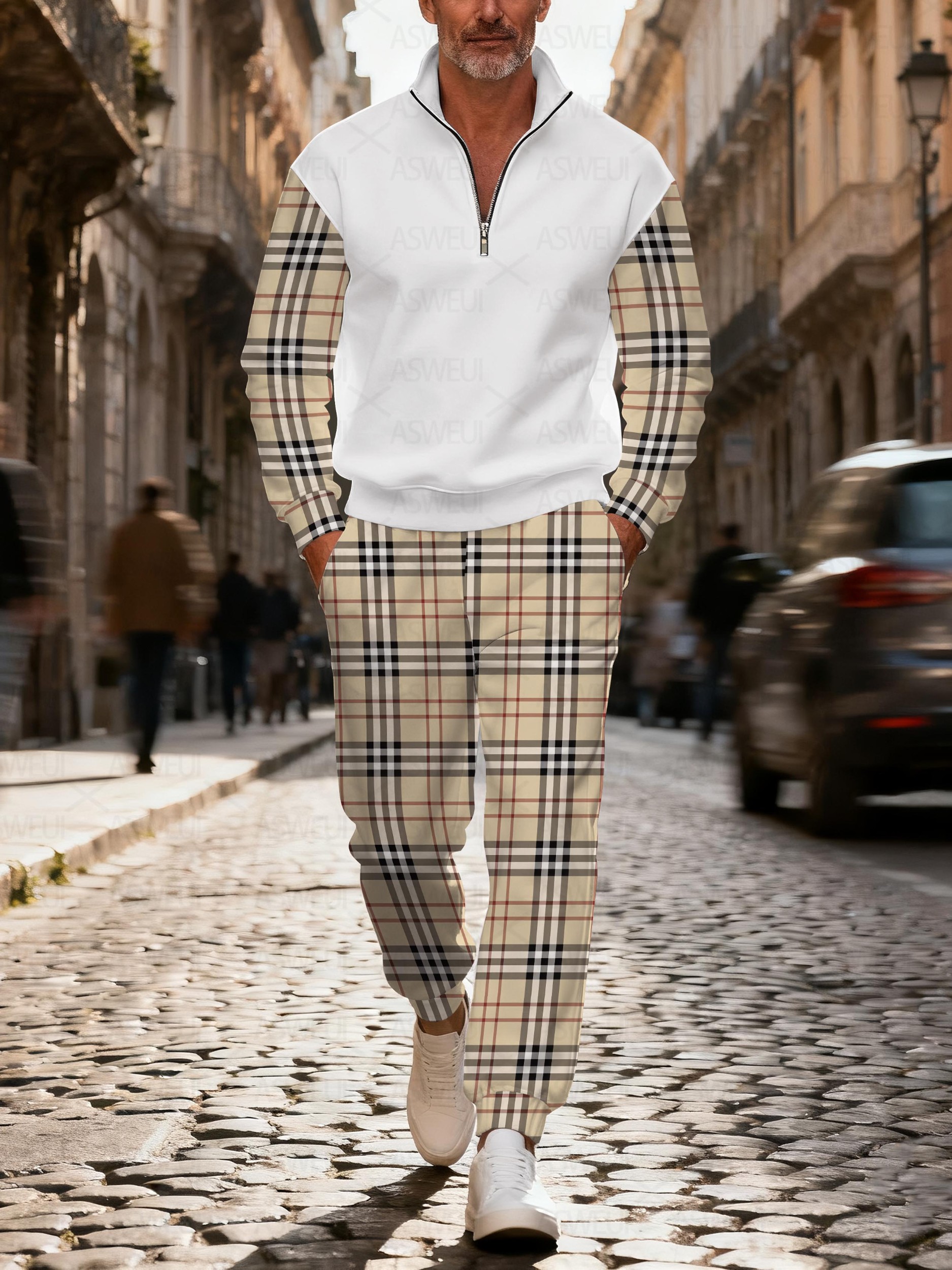 Men's stylish casual checkered print zipper long-sleeved two-piece set