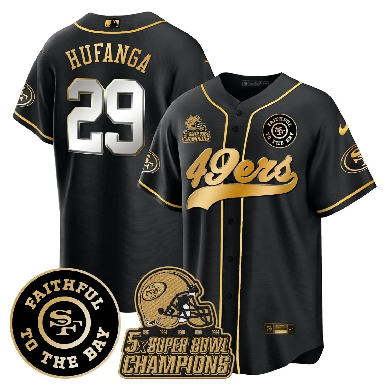 49ers Faithful To The Bay & 5x Champions Patch Baseball Jersey - All Stitched