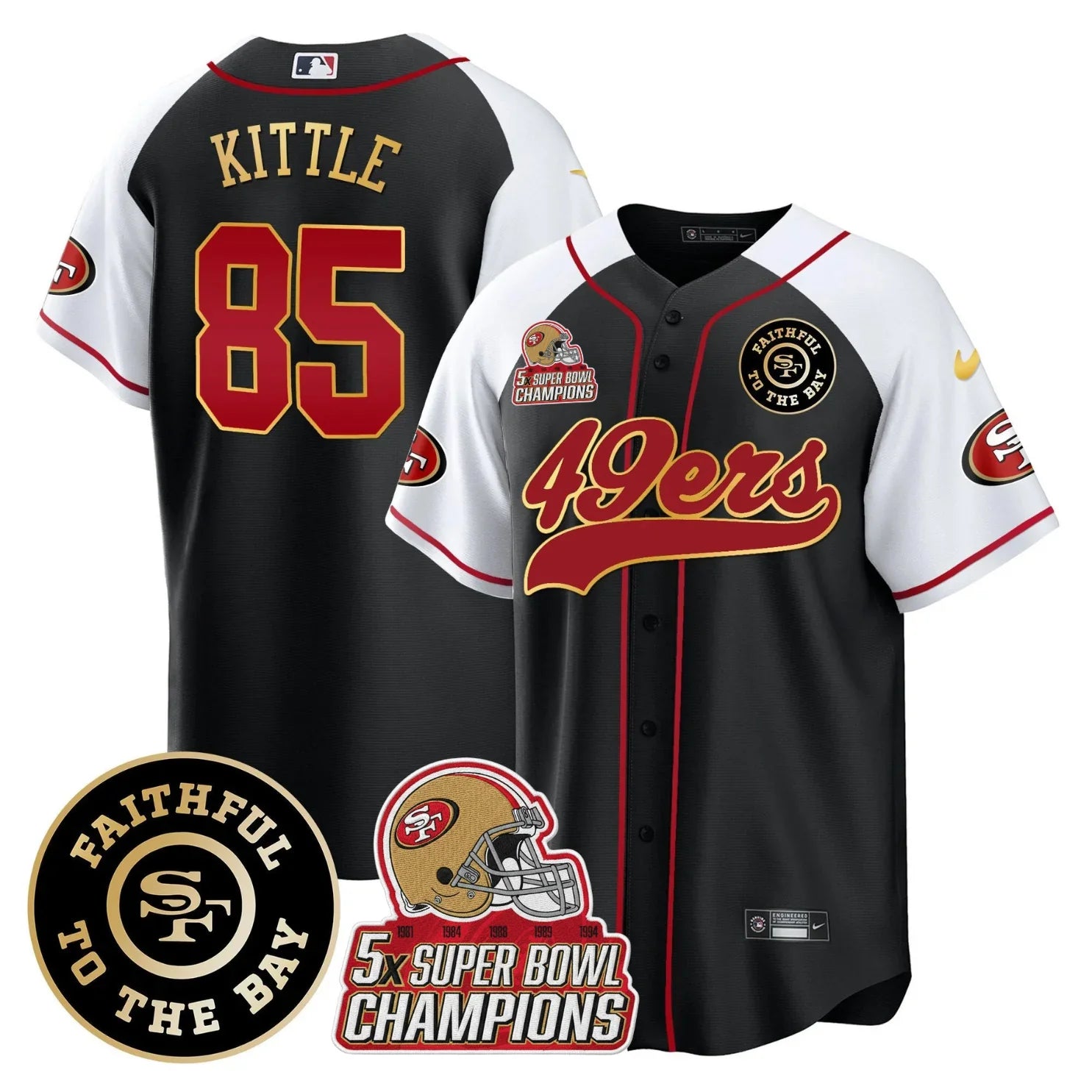 49ers Faithful To The Bay & 5x Champions Patch Baseball Jersey - All Stitched
