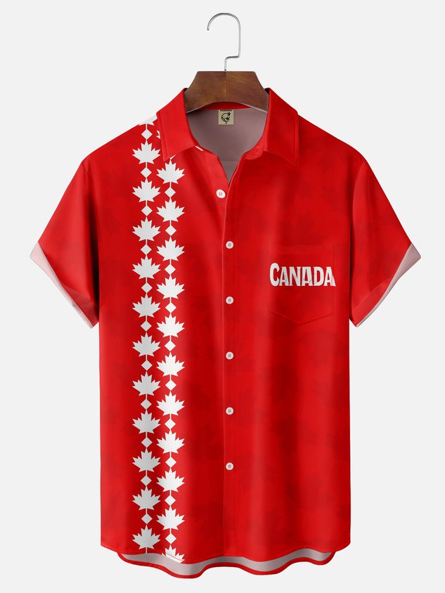Moisture-wicking Canada Day Maple Leaf Chest Pocket Bowling Shirt