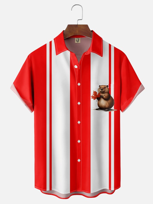 Moisture-wicking Canada Day Beaver Chest Pocket Bowling Shirt