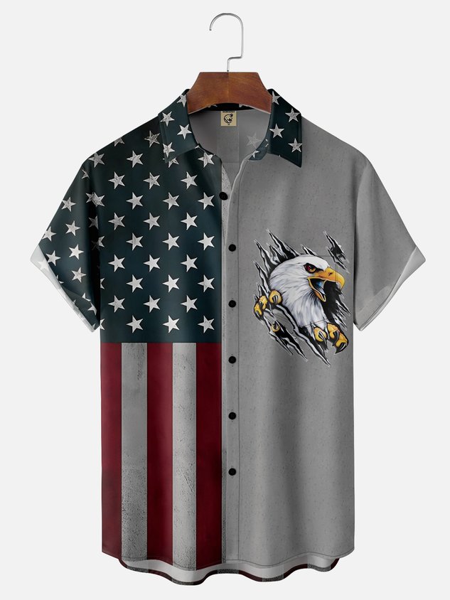 Tall Size Moisture-wicking Memorial Day American Flag American Eagle Chest Pocket Casual Shirt