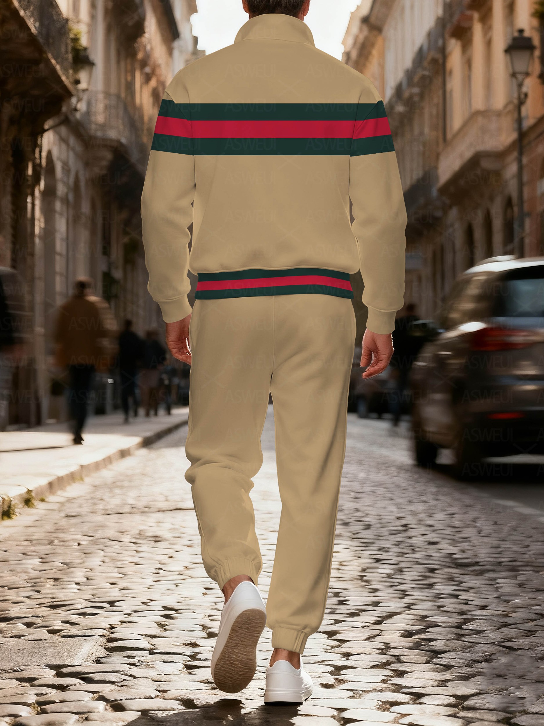 Men's fashionable khaki striped print zipper long-sleeved two-piece set