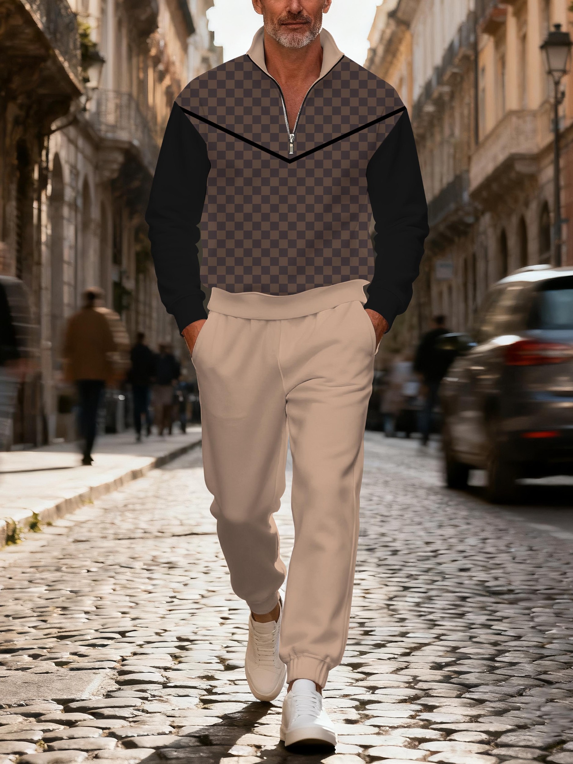 Men's casual brown checkered zipper long-sleeved two-piece set