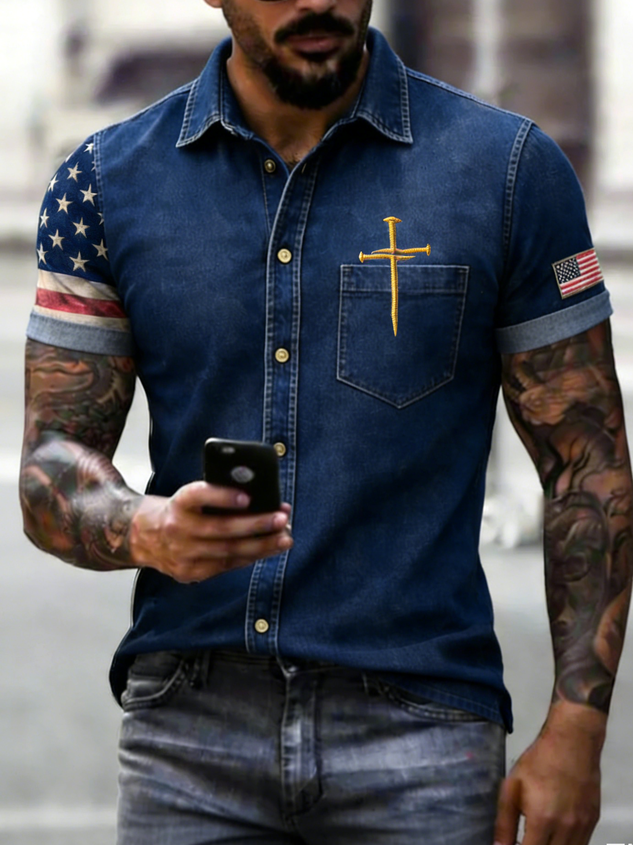 Moisture-wicking American Independence Day Cross Chest Pocket Casual Shirt