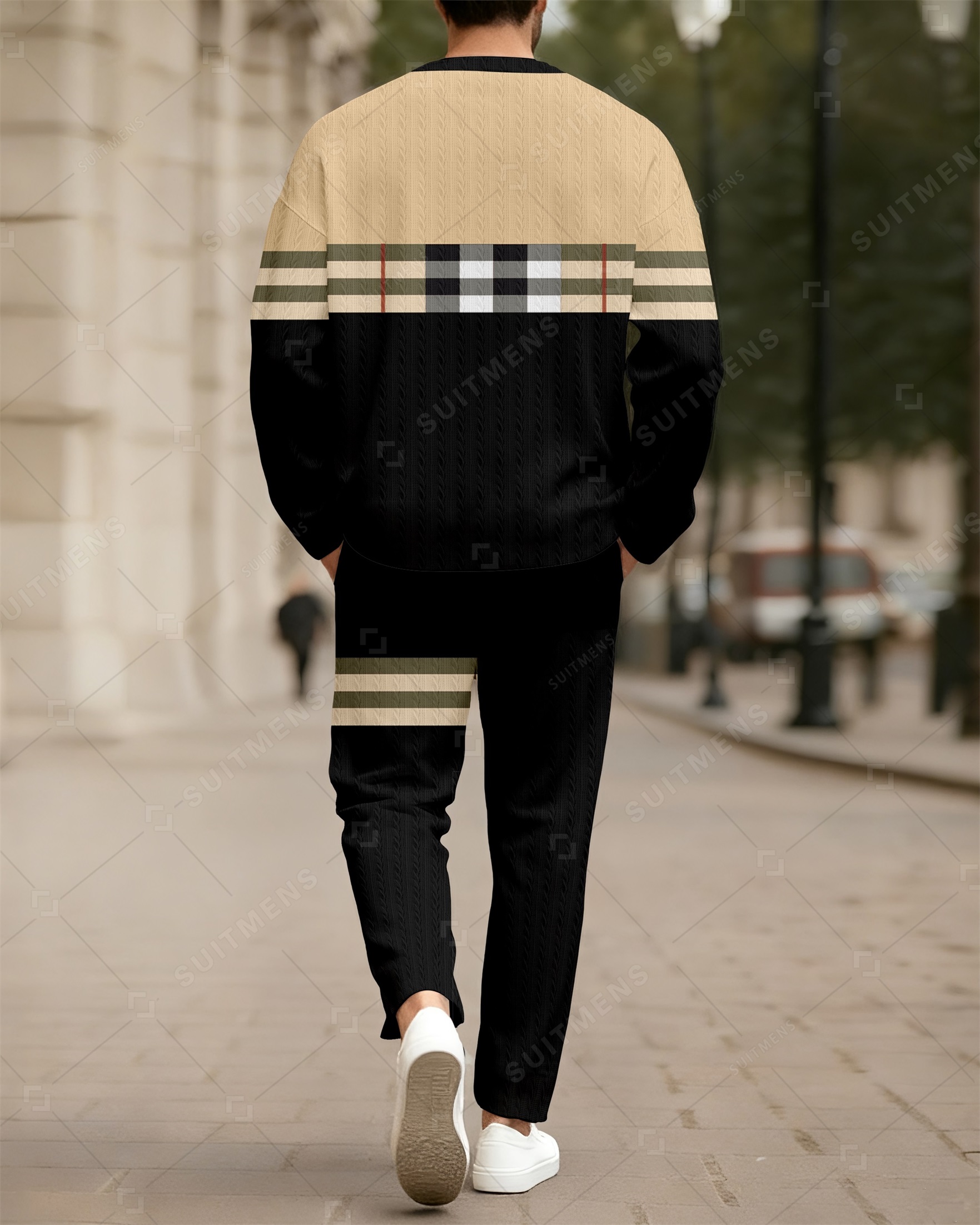 Men's New Colorblock Print Textured Long Sleeve Pants Set 004