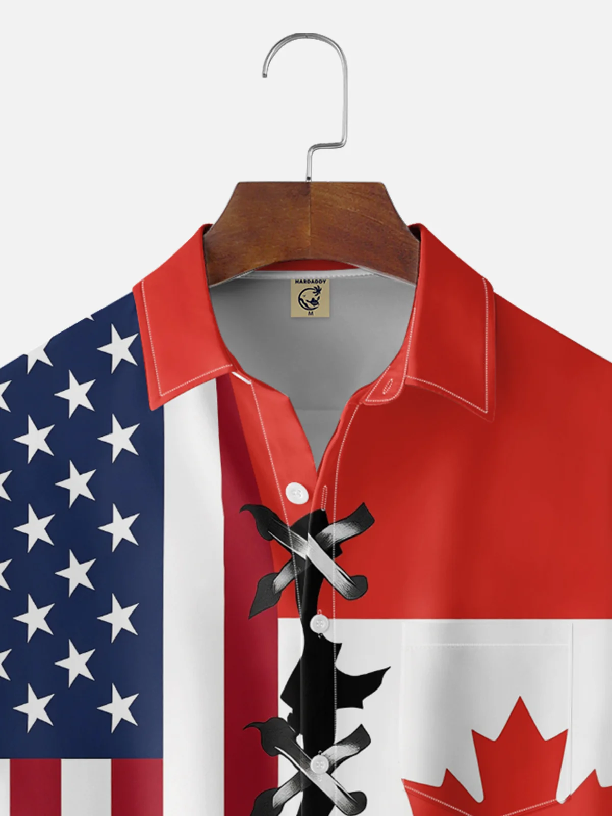 Moisture Wicking US & Canadian Flag Slogans and Chest Pocket Holiday Hawaiian Shirt
