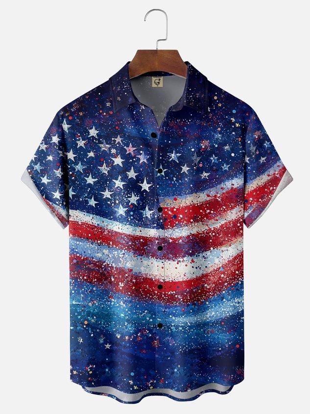 Moisture-wicking American Flag Memorial Day Chest Pocket Casual Shirt