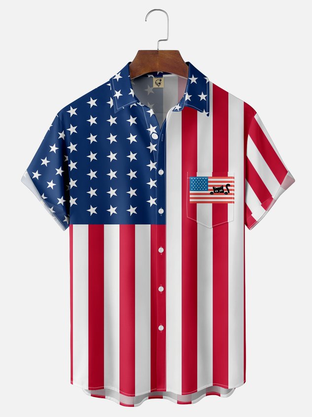 Coffee Man Moisture-wicking Cat American Flag Chest Pocket Hawaiian Shirt