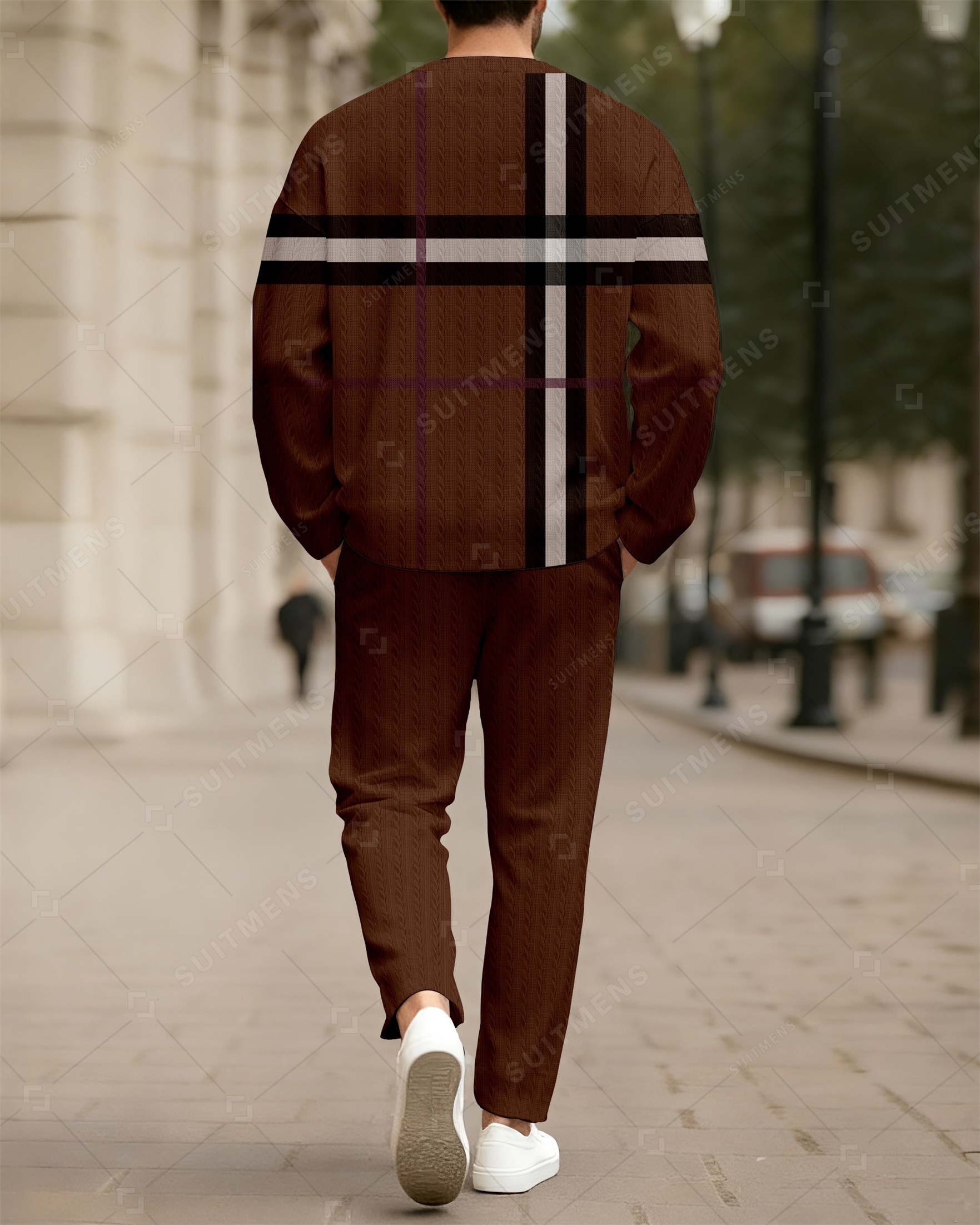 Men's New Colorblock Print Textured Long Sleeve Pants Set 007