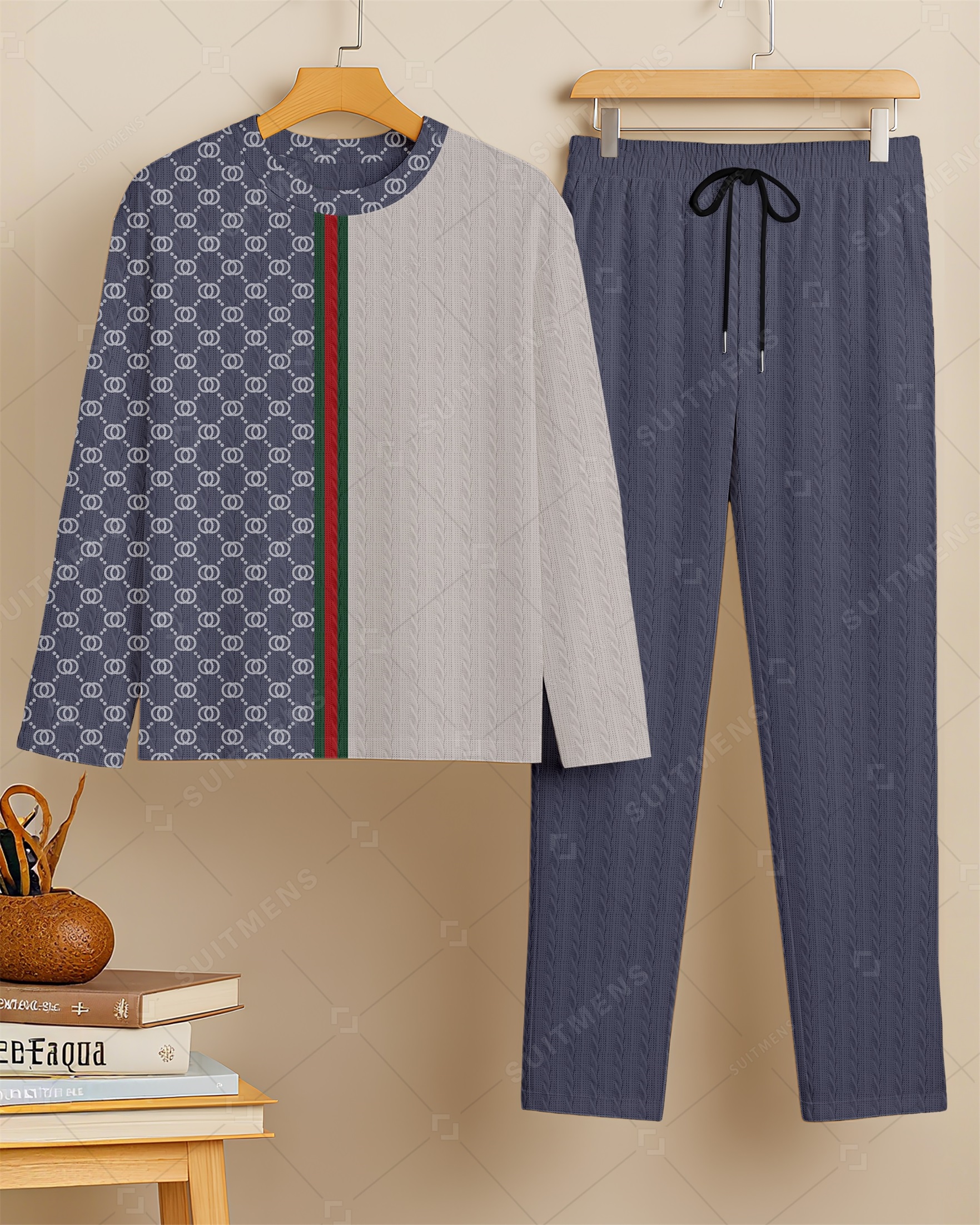 Men's New Colorblock Print Textured Long Sleeve Pants Set 0011