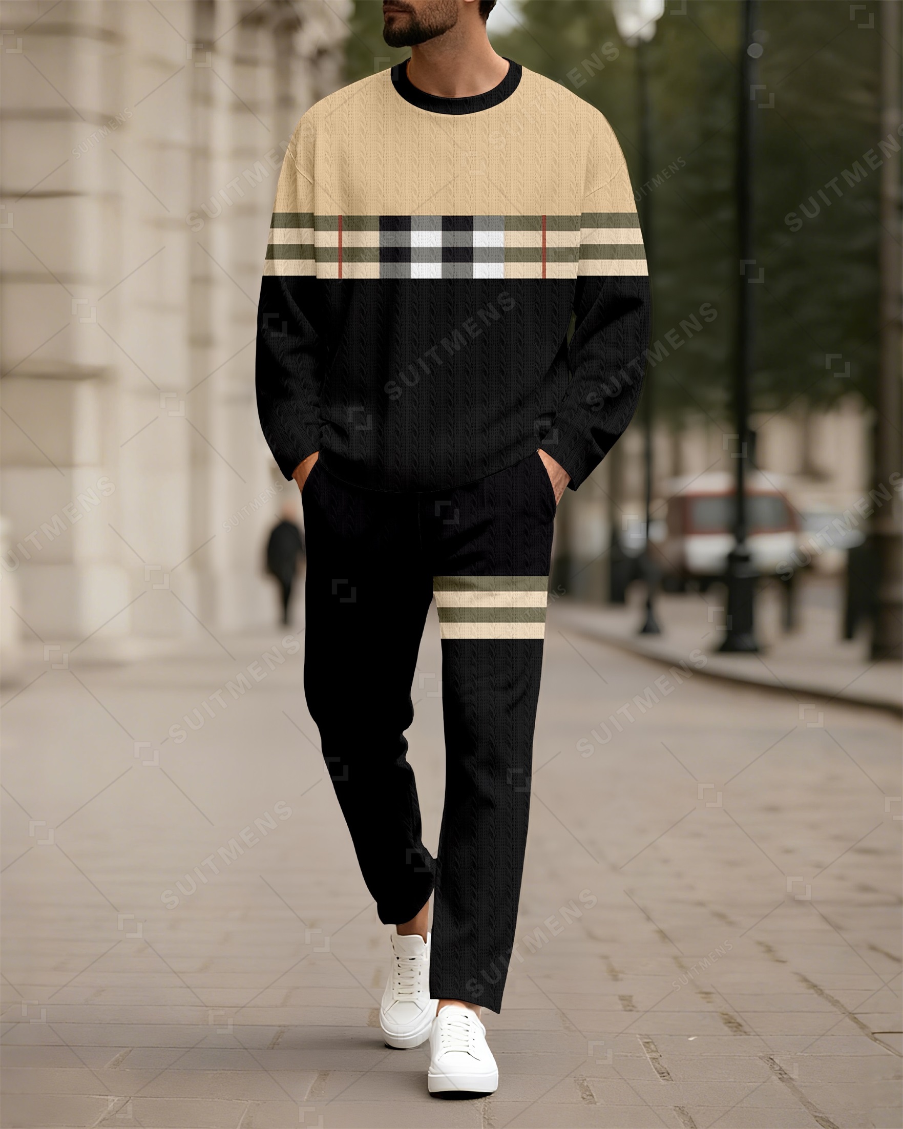 Men's New Colorblock Print Textured Long Sleeve Pants Set 004