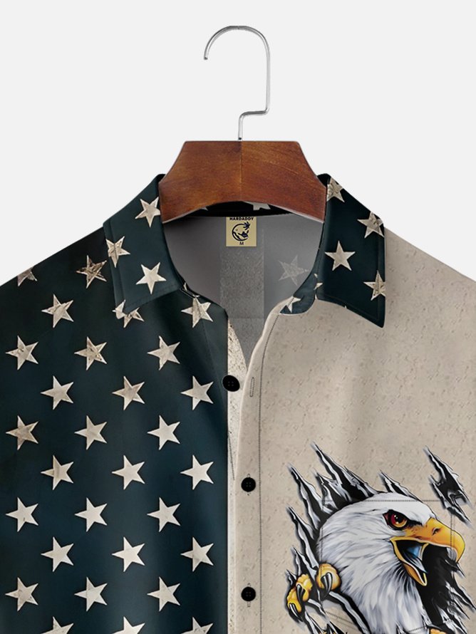 Tall Size Moisture-wicking Memorial Day American Flag American Eagle Chest Pocket Casual Shirt