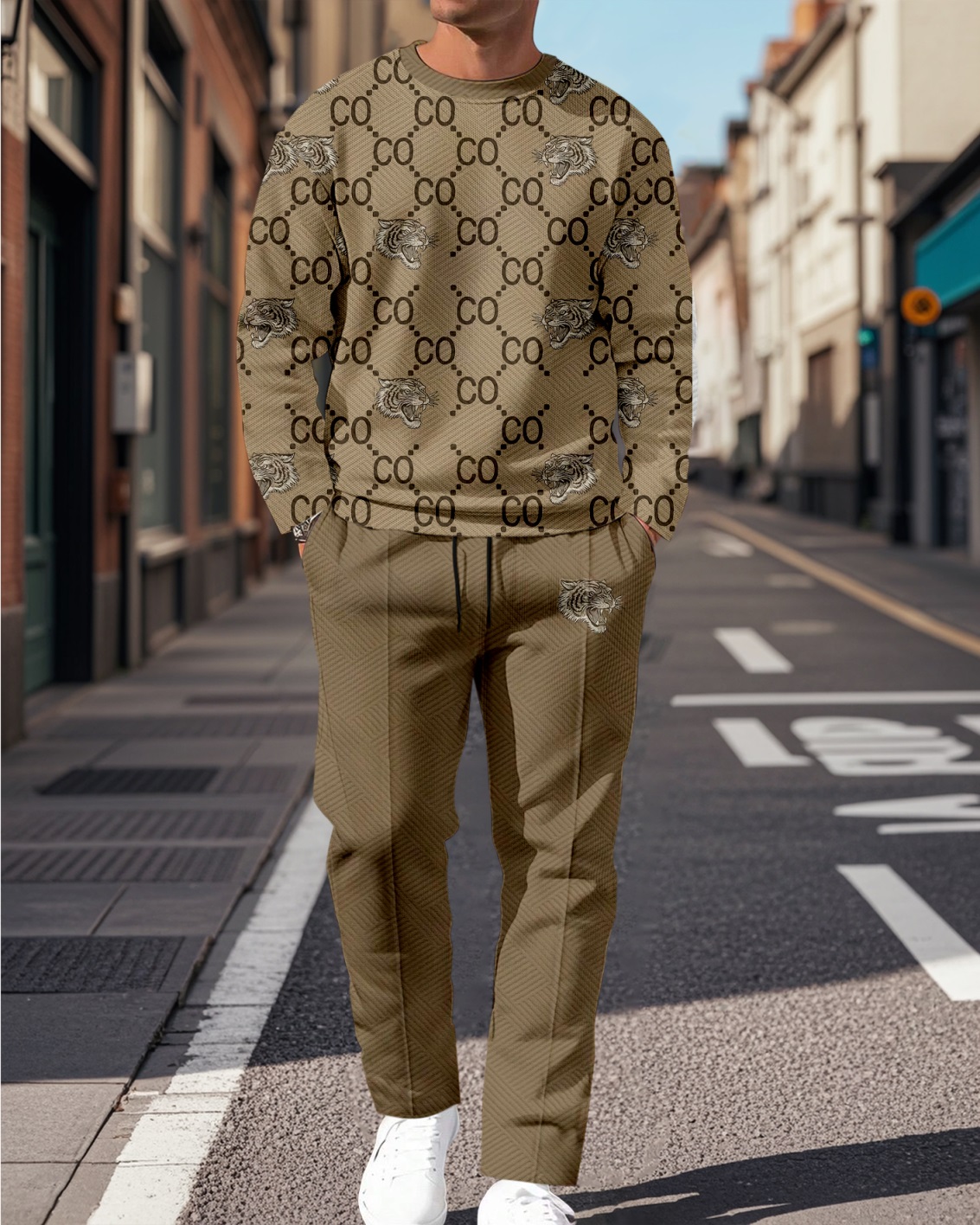 Men's Colorblock Printed Textured Long Sleeve -Sleeved Trousers Suit 041