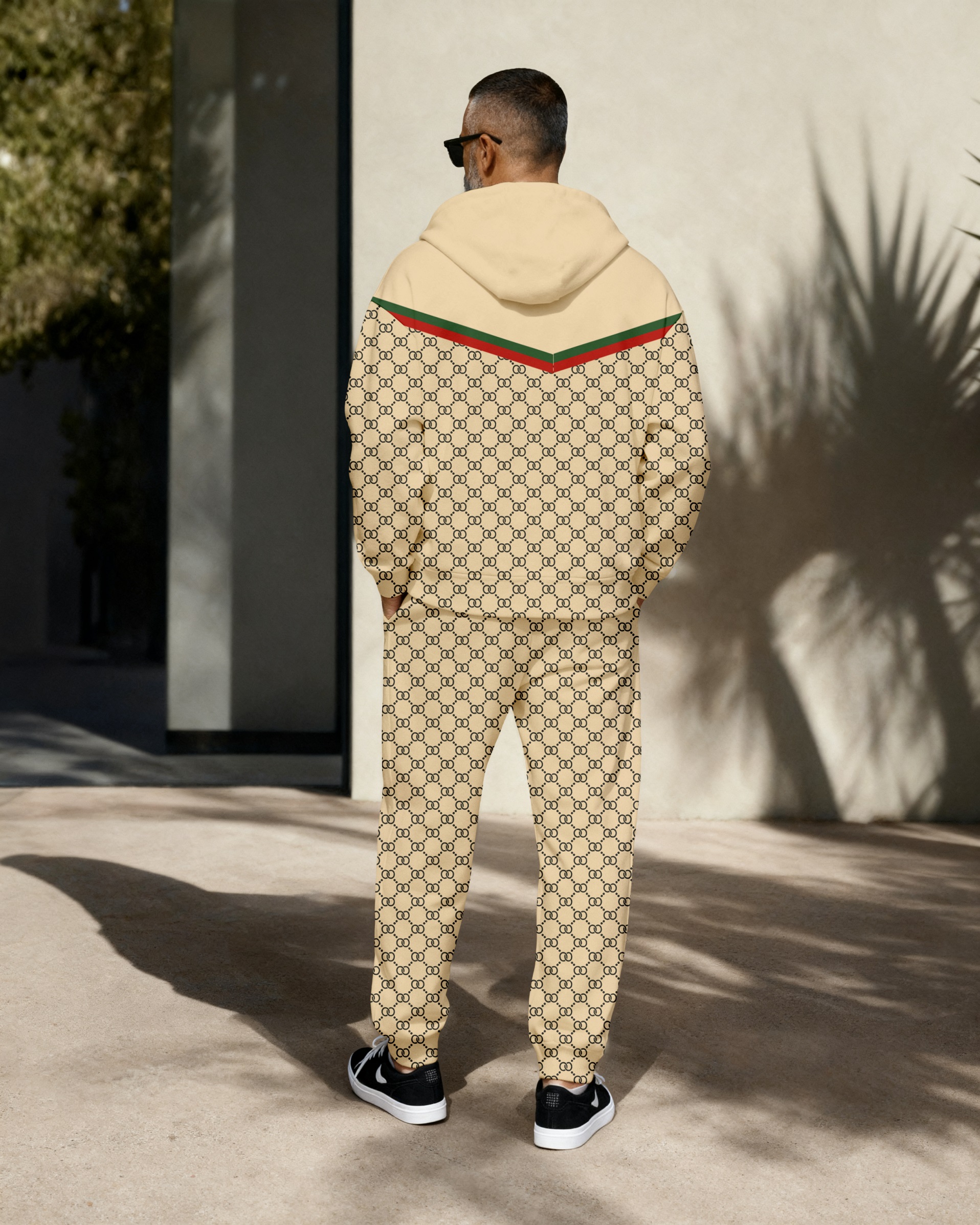 Men's Retro Luxury Thickened Fleece Colorblock Jacket Sports Hoodie Set 02