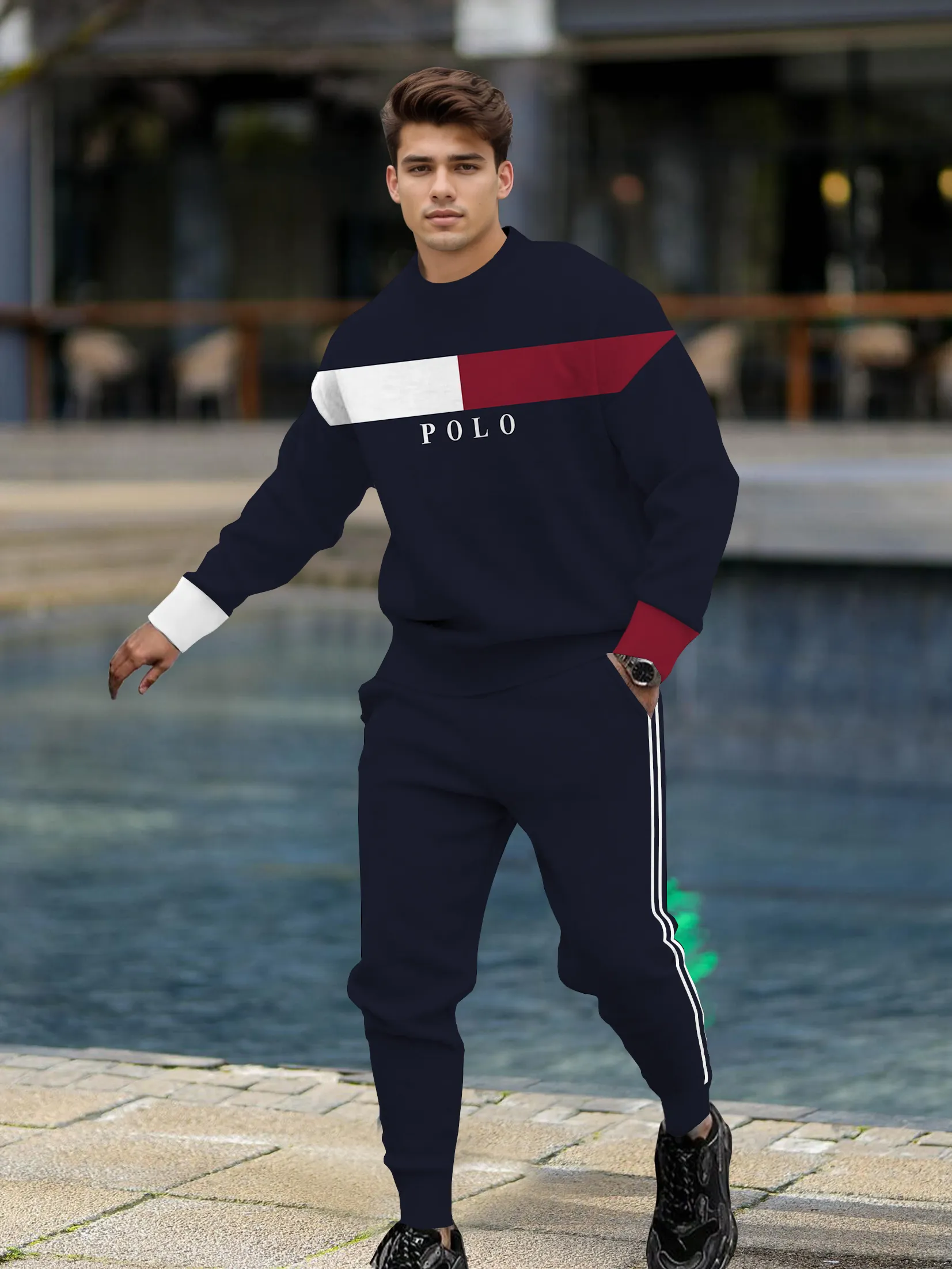 Men's Simple Colorblock Round Neck Casual Sports Set 0146