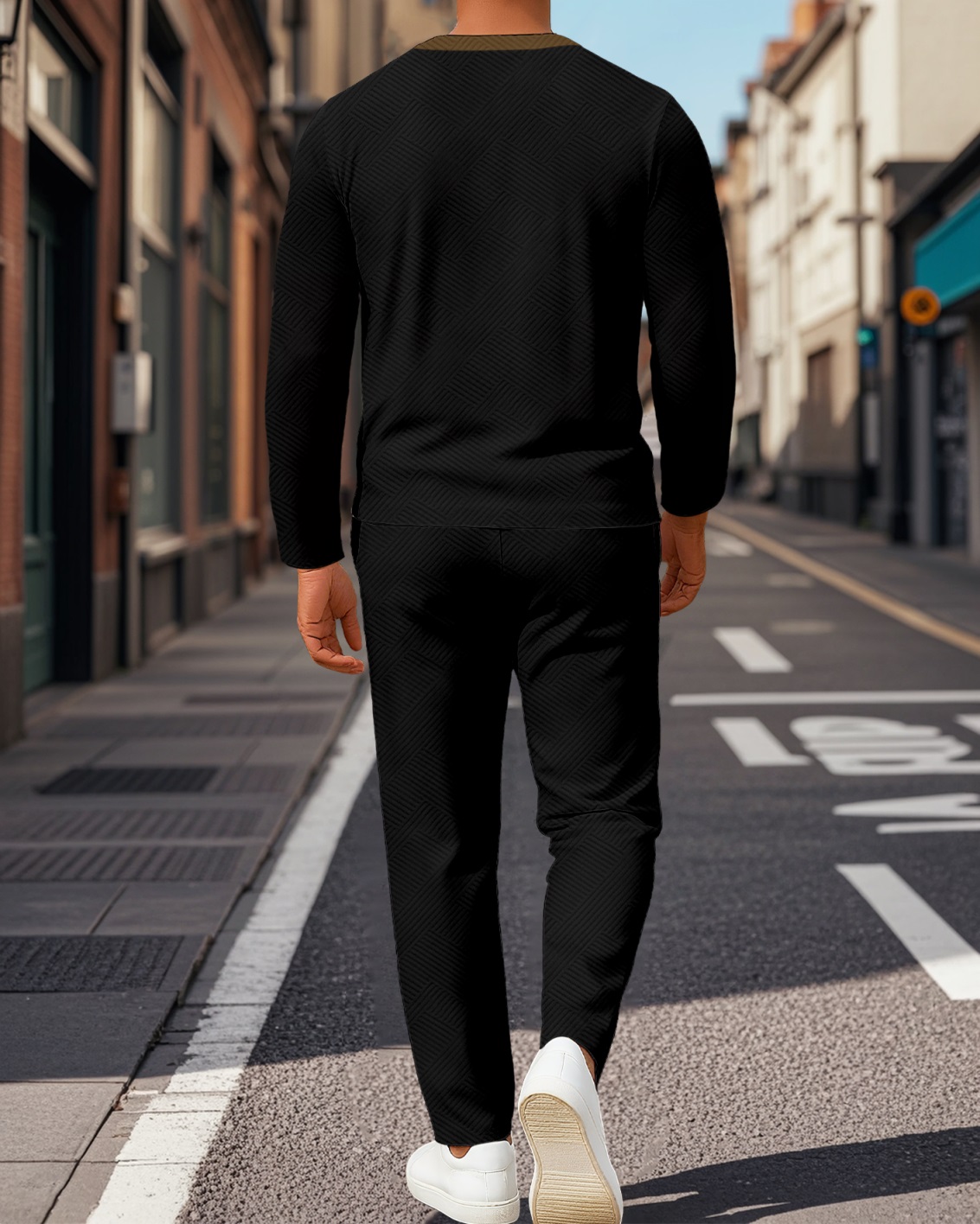 Men's Colorblock Printed Textured Long Sleeve -Sleeved Trousers Suit 037