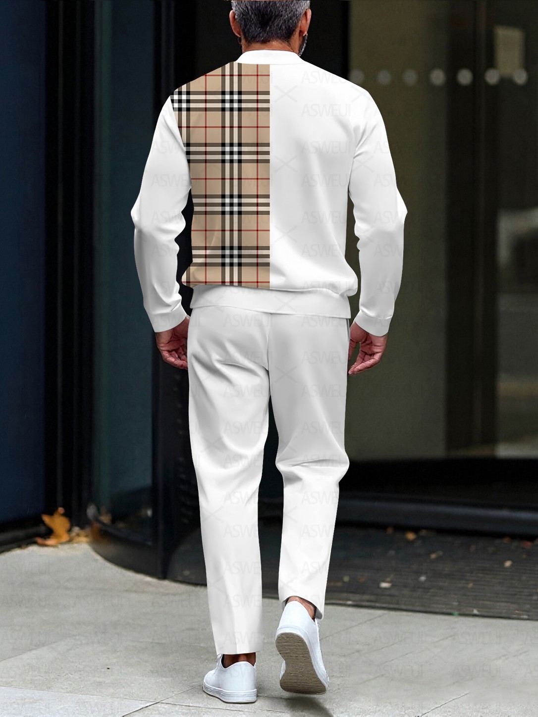 Men's fashionable casual plaid zipper long-sleeved two-piece set