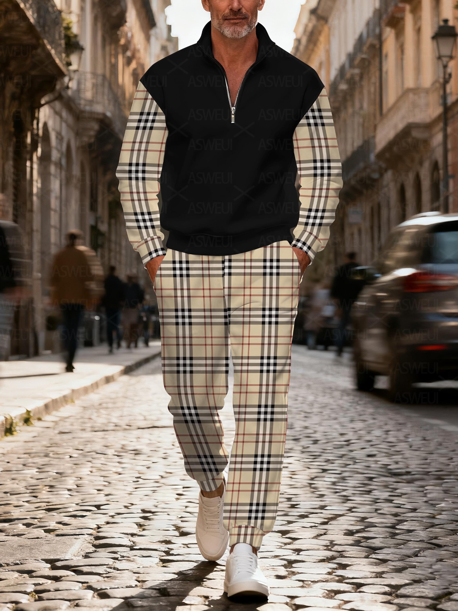 Men's stylish casual checkered print zipper long-sleeved two-piece set