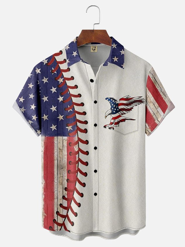 Tall Size Moisture-wicking Baseball American Flag American Eagle Chest Pocket Hawaiian Shirt
