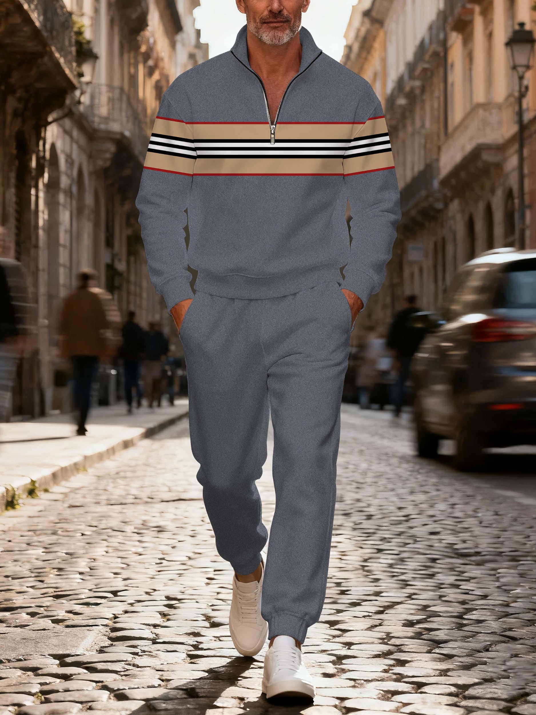 Men's stylish casual striped zipper long-sleeved two-piece set